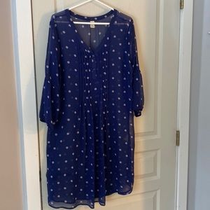 Sheer navy polka dot shift dress to layer over leggings and tank top